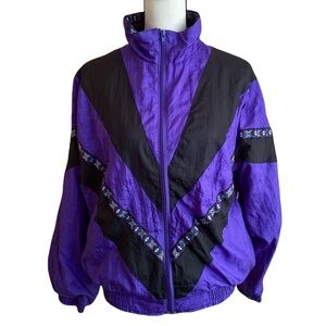 Vintage 90s‎ Track Jacket Purple Black Abstract Pattern Windbreaker